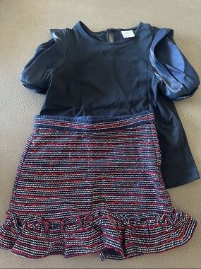 Janie and Jack Navy Top with Multicolor Tweed Skirt (navy, red, white)